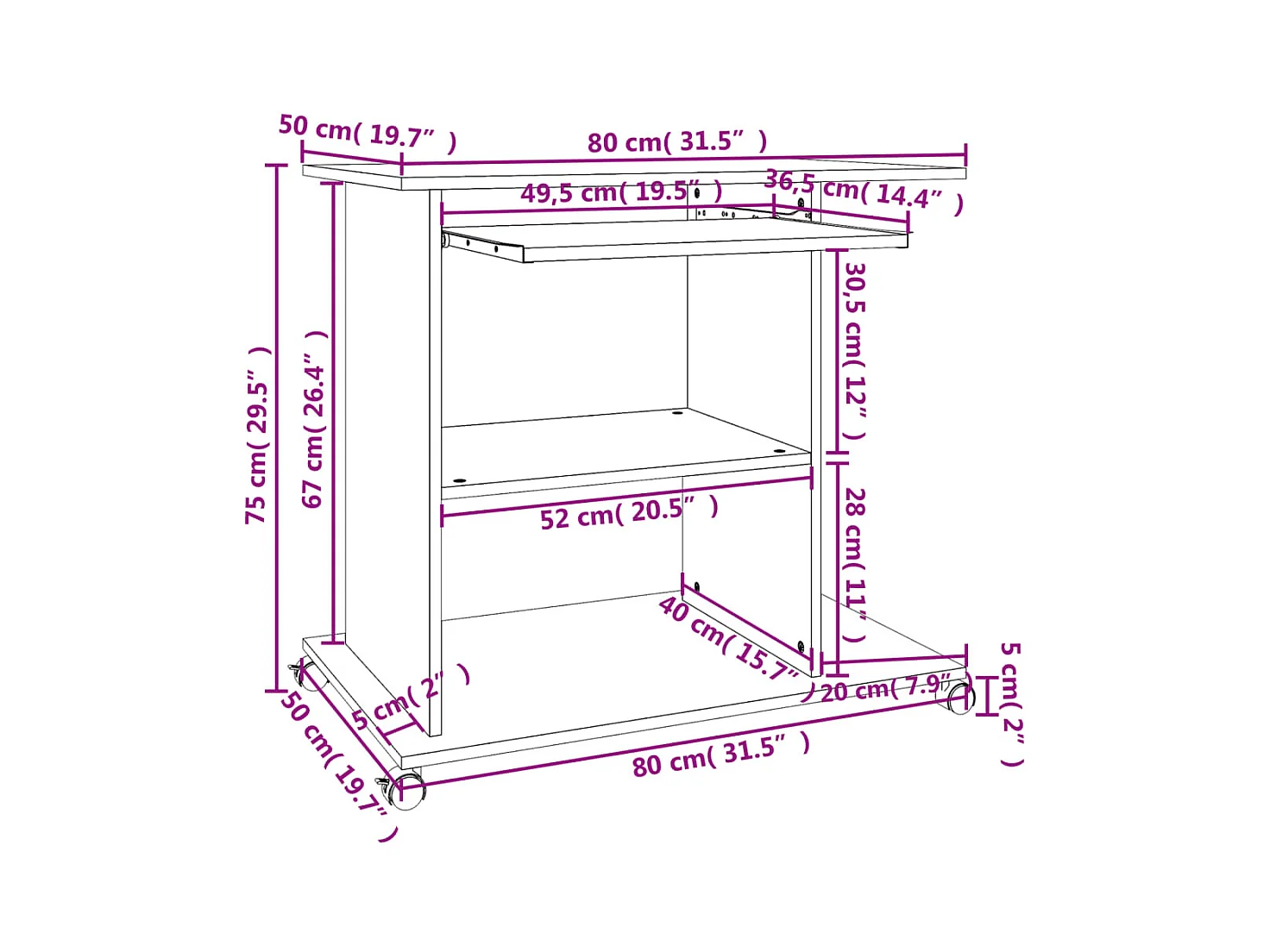 Escritorio de ordenador blanco de 80 x 50 x 75 cm de madera de ingeniería