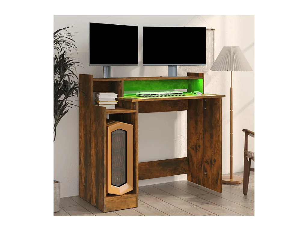 Bureau en LED-verlichting Gerookt eikenhout 97x45x90 cm Technisch hout