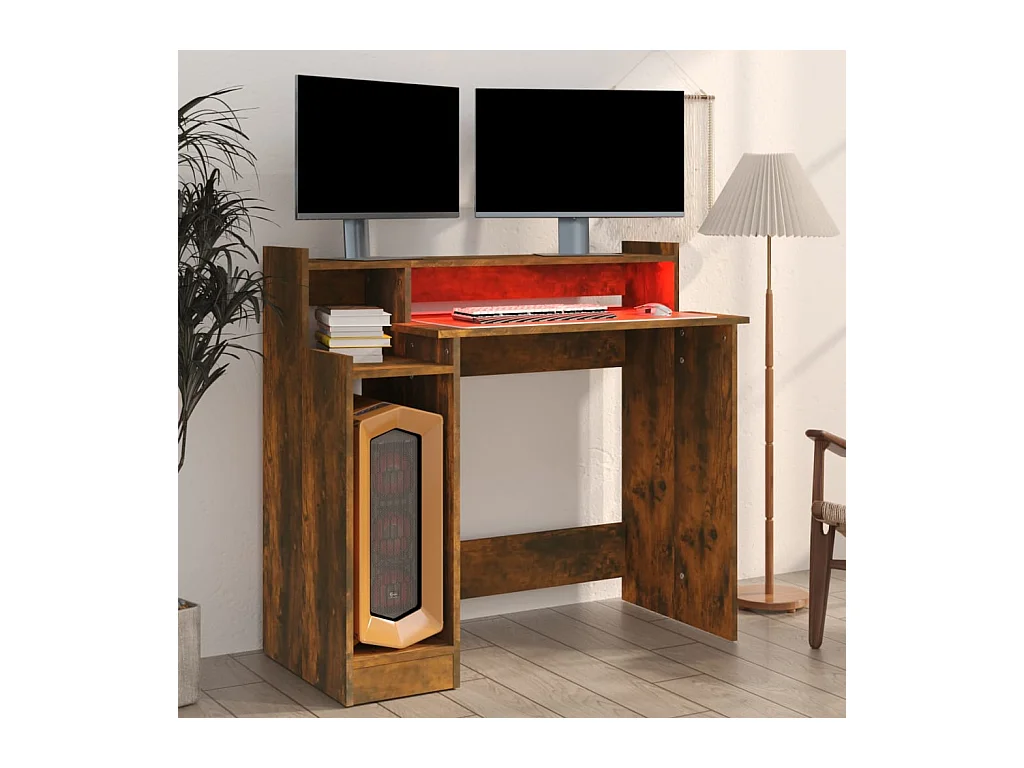 Bureau en LED-verlichting Gerookt eikenhout 97x45x90 cm Technisch hout