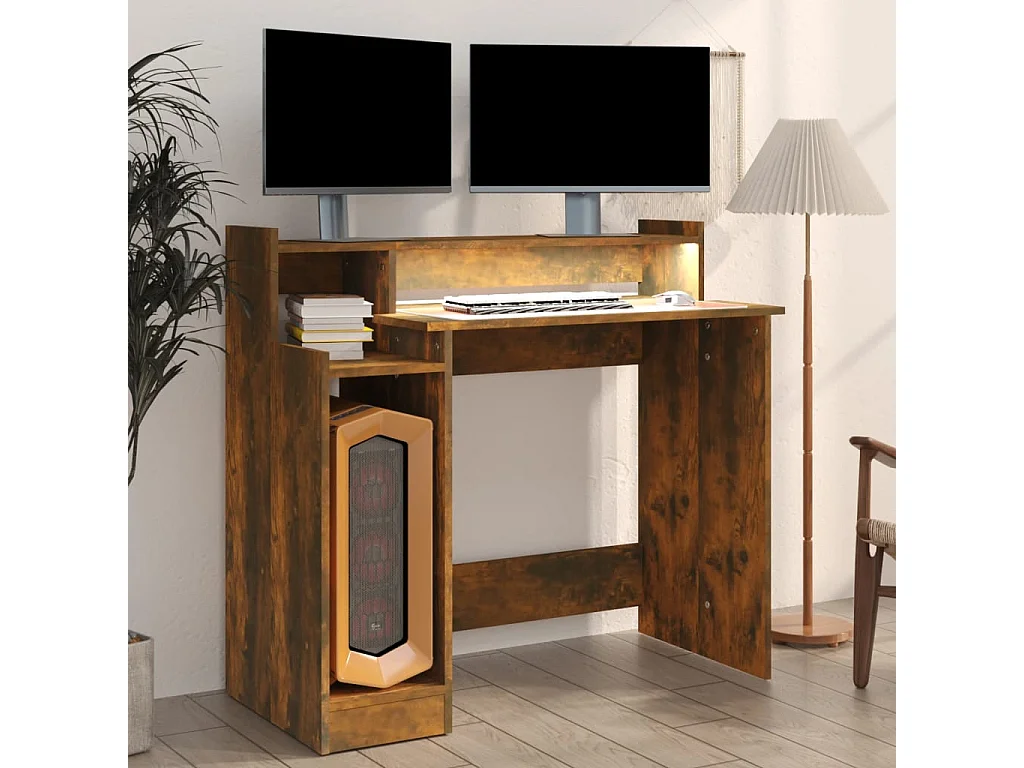 Bureau en LED-verlichting Gerookt eikenhout 97x45x90 cm Technisch hout