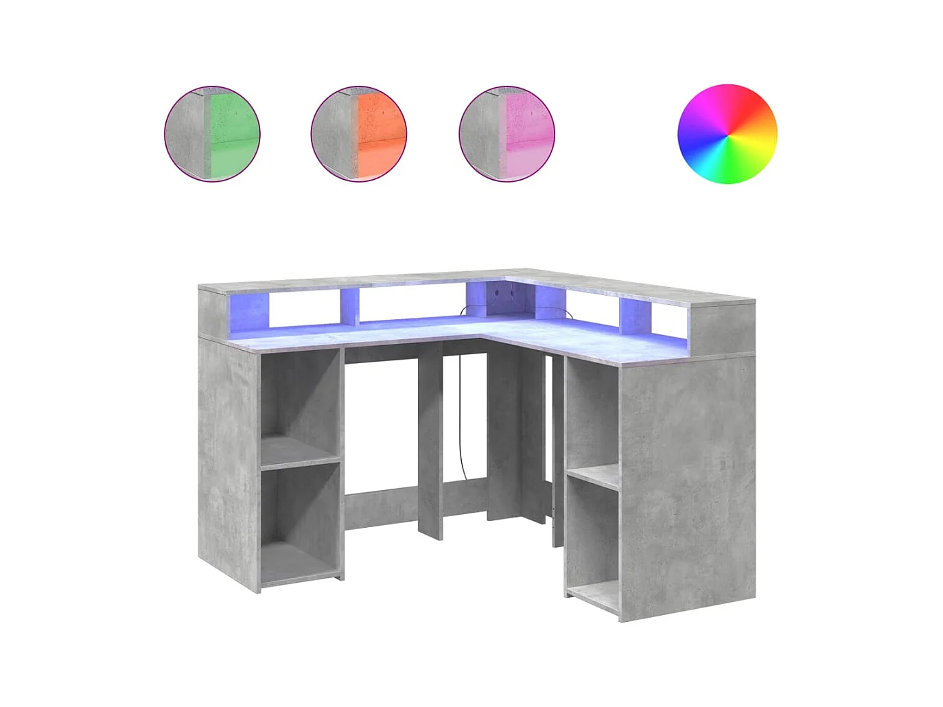 Scrivania grigio cemento e luci LED 130x130x91cm in legno ingegnerizzato