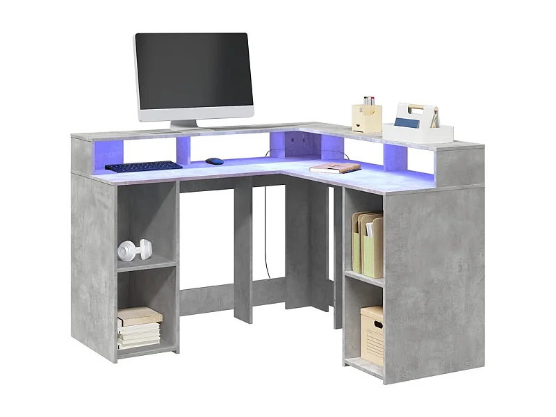 Scrivania grigio cemento e luci LED 130x130x91cm in legno ingegnerizzato