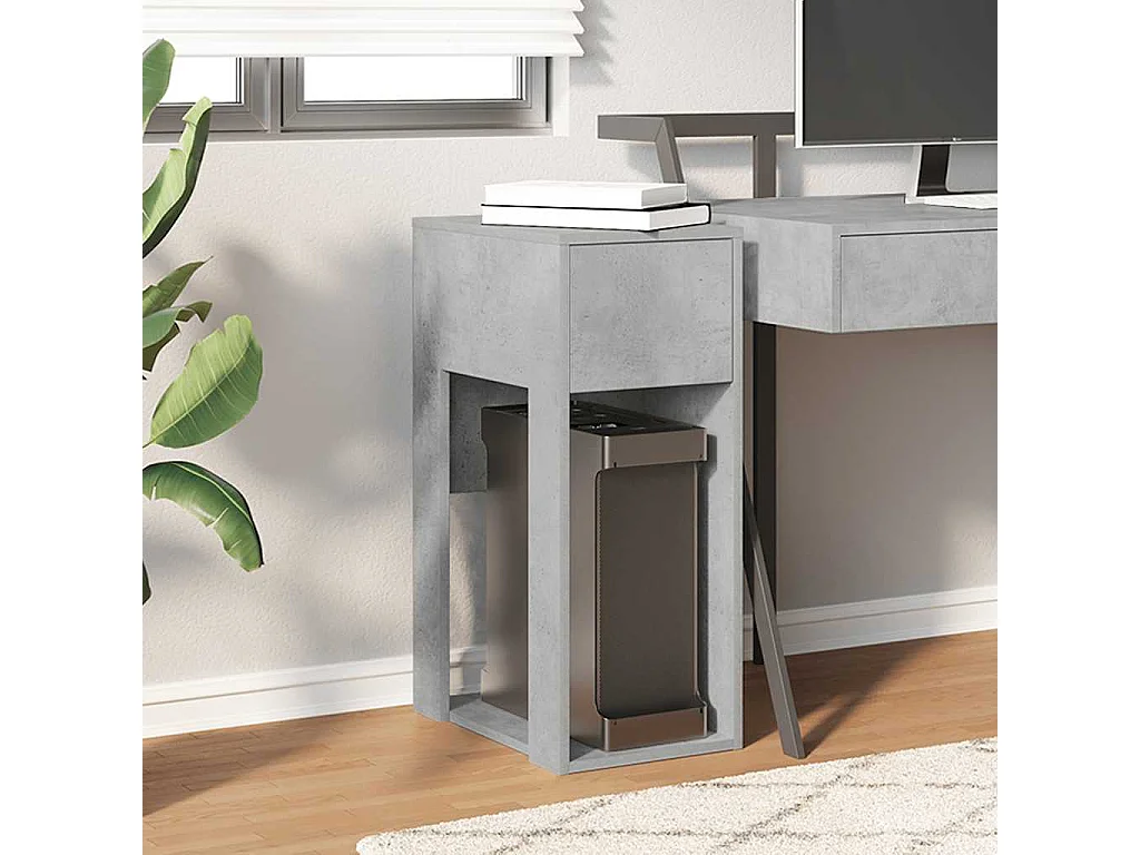 Betongrijze computertorenstandaard en lade 30x44x74 cm