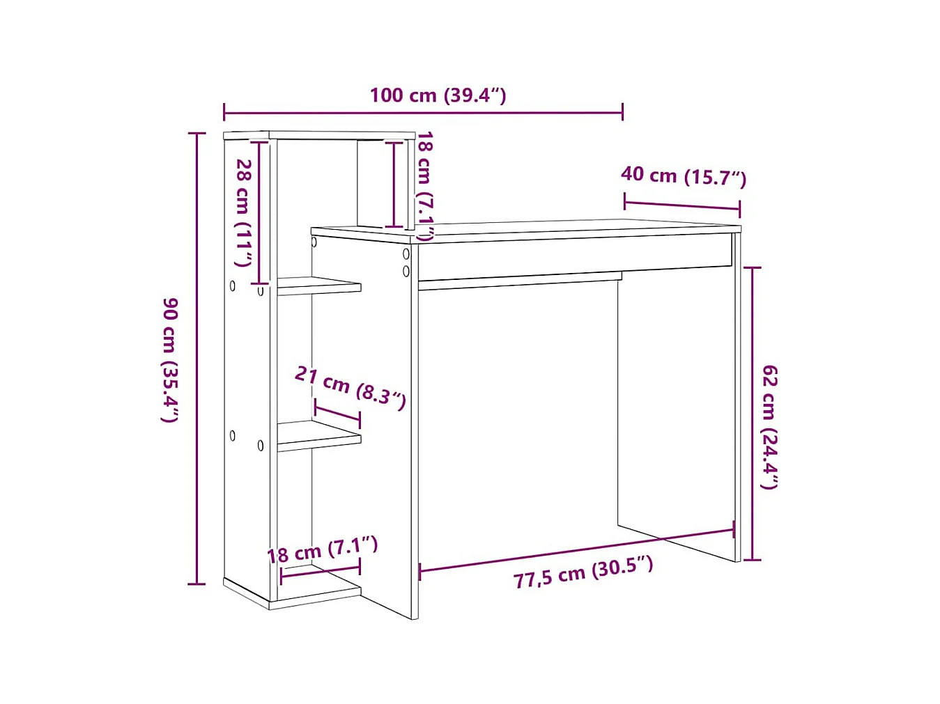 Bureau chêne artisanal 100 x 40 x 90 cm Bois d'ingénierie
