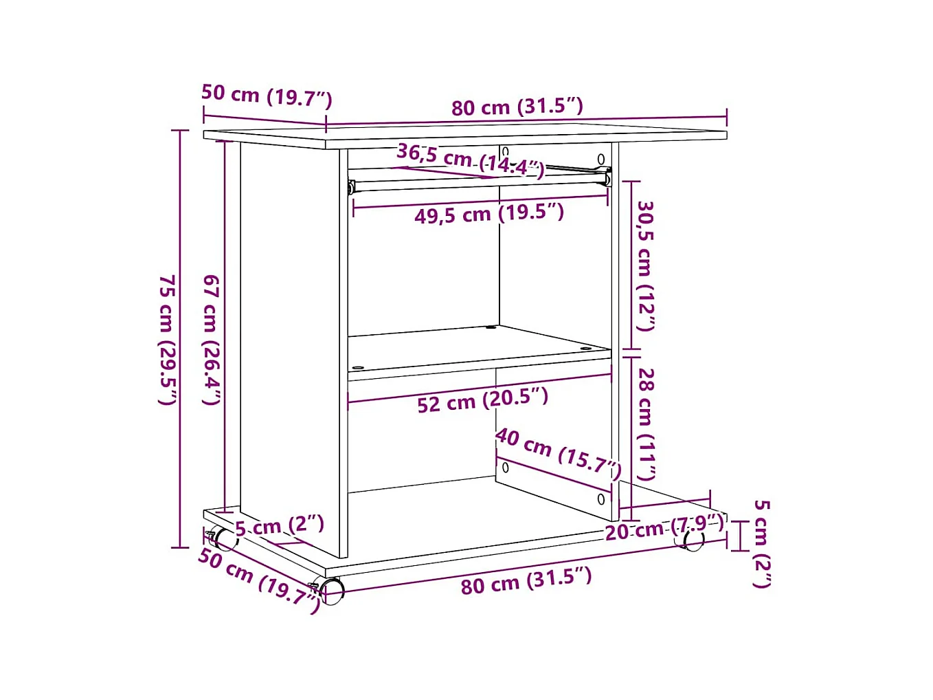 Bureau d'ordinateur vieux bois 80x50x75 cm bois d'ingénierie