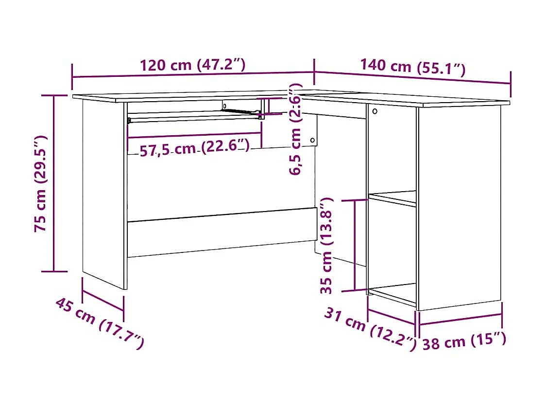 Scrivania angolare in legno antico 120x140x75 cm in legno ingegnerizzato