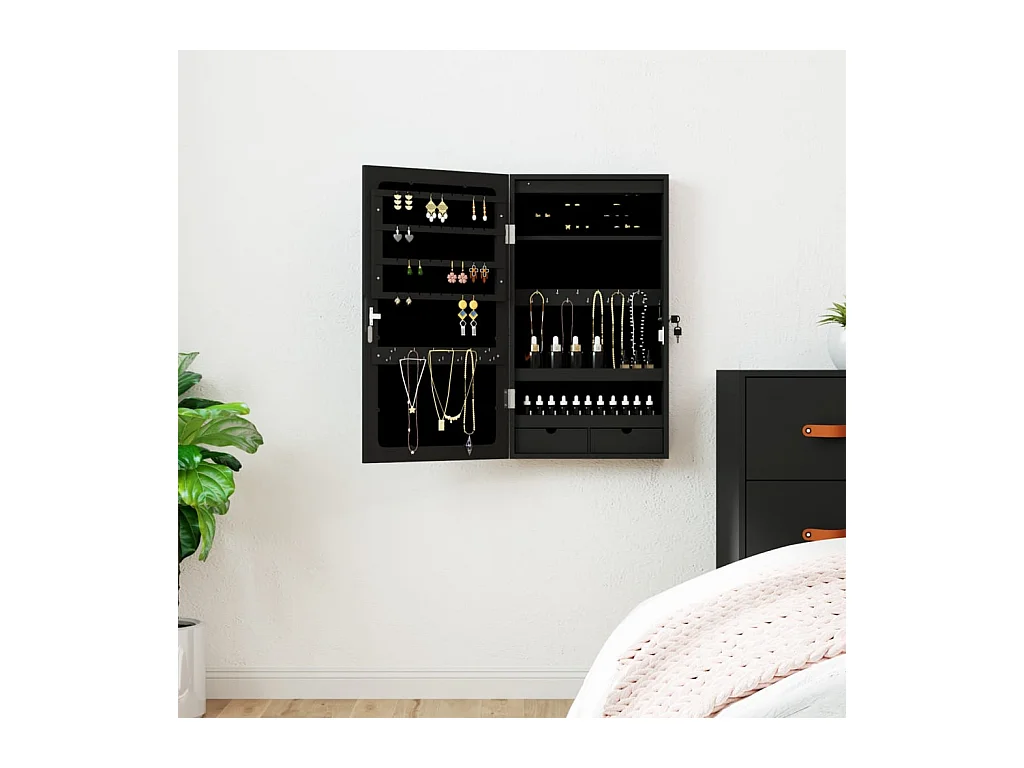 Schmuckschrank mit Spiegel und schwarzer LED-Wandbeleuchtung