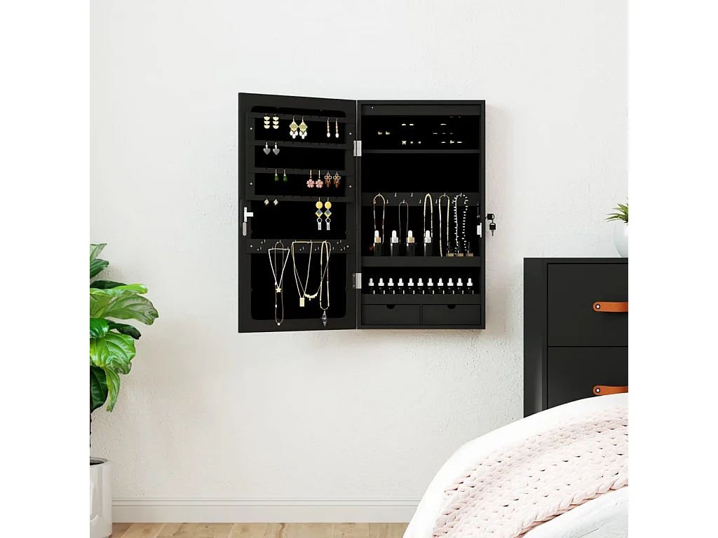 Mueble joyero con espejo e iluminación de pared LED negra