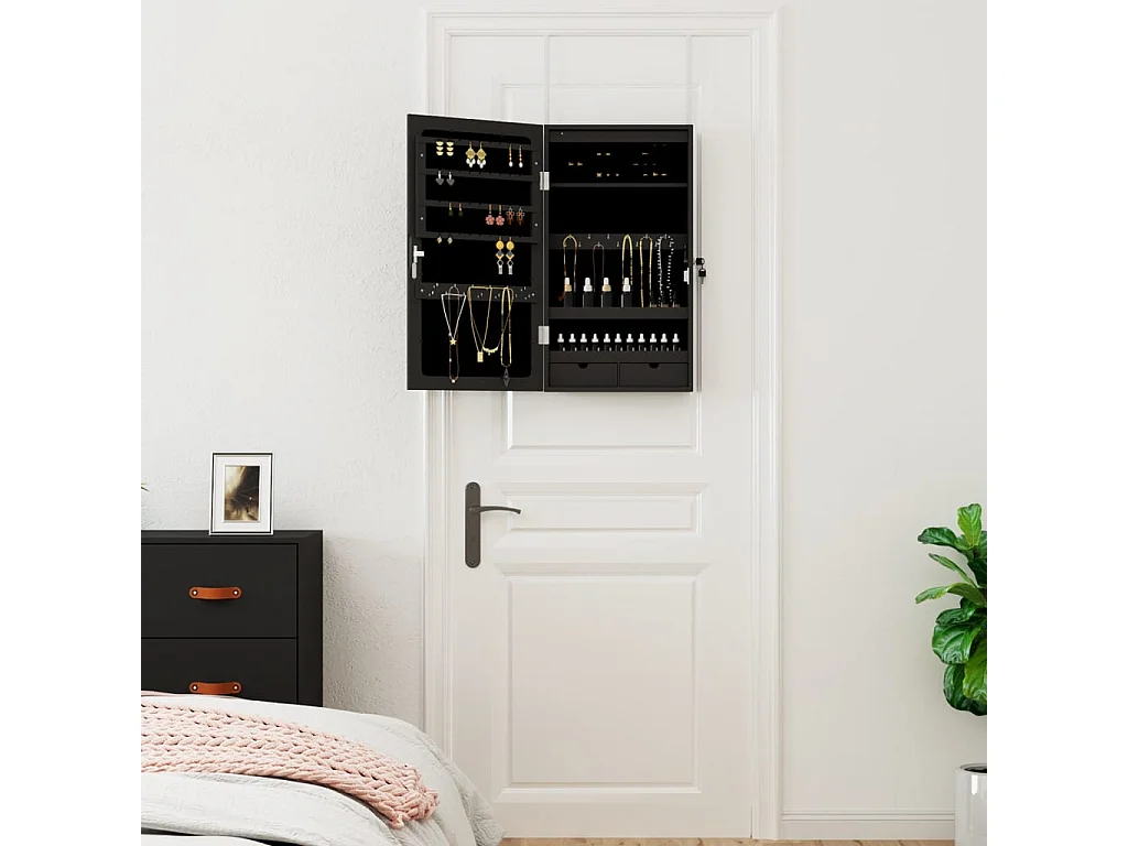 Mueble joyero con espejo e iluminación de pared LED negra