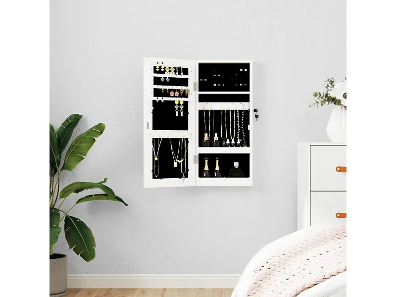 Mueble joyero con espejo de pared blanco 30x8,5x67 cm