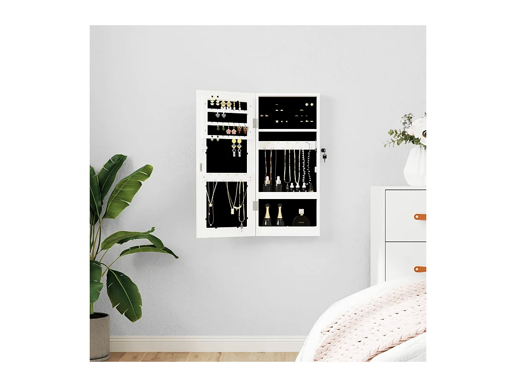 Mueble joyero con espejo de pared blanco 30x8,5x67 cm