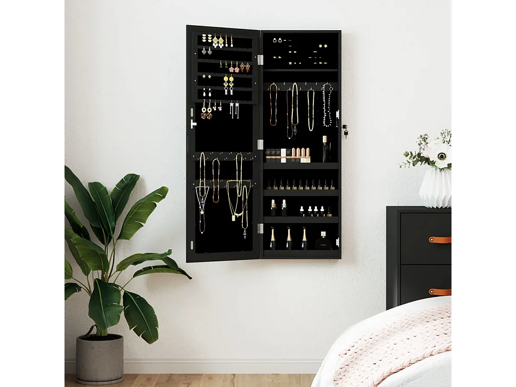 Joyero con espejo de pared negro 37,5x10x106 cm