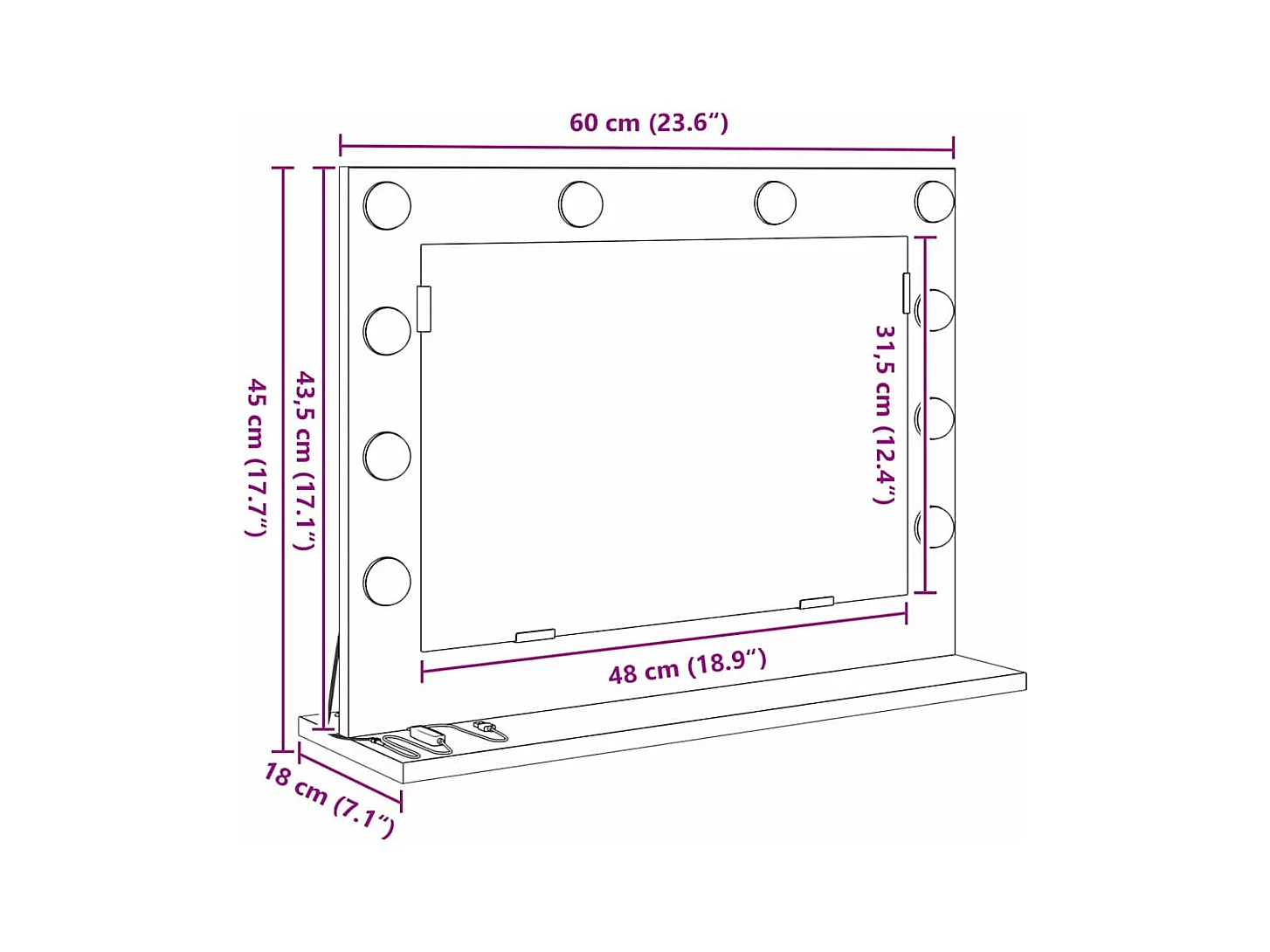 Miroir de vanité avec des lumières à LED Blanc 60 x 45 x 18 cm