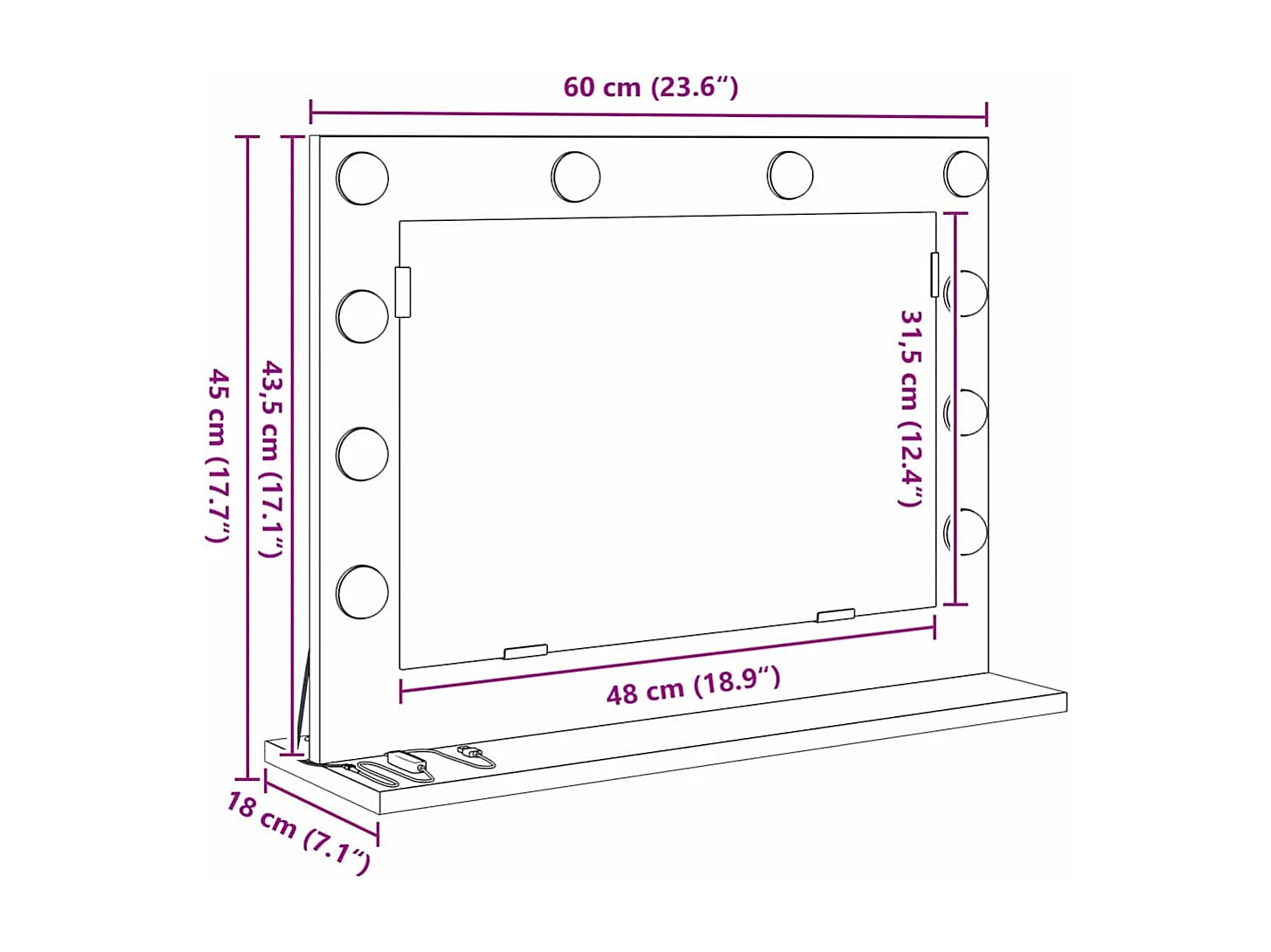 Miroir de vanité avec des lumières à LED Blanc 60 x 45 x 18 cm