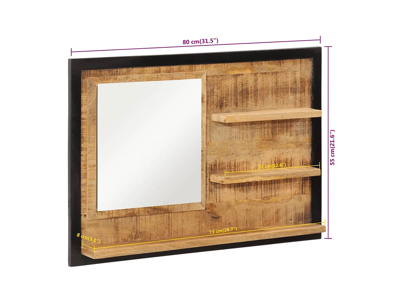 Miroir avec étagères 80x8x55 cm verre et bois massif manguier