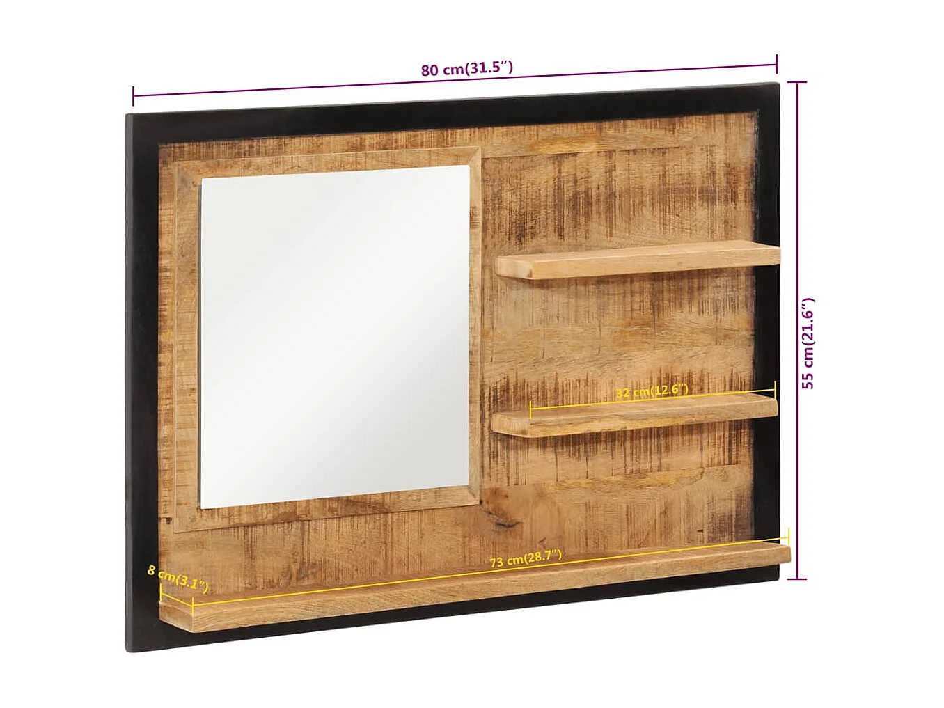 Miroir avec étagères 80x8x55 cm verre et bois massif manguier