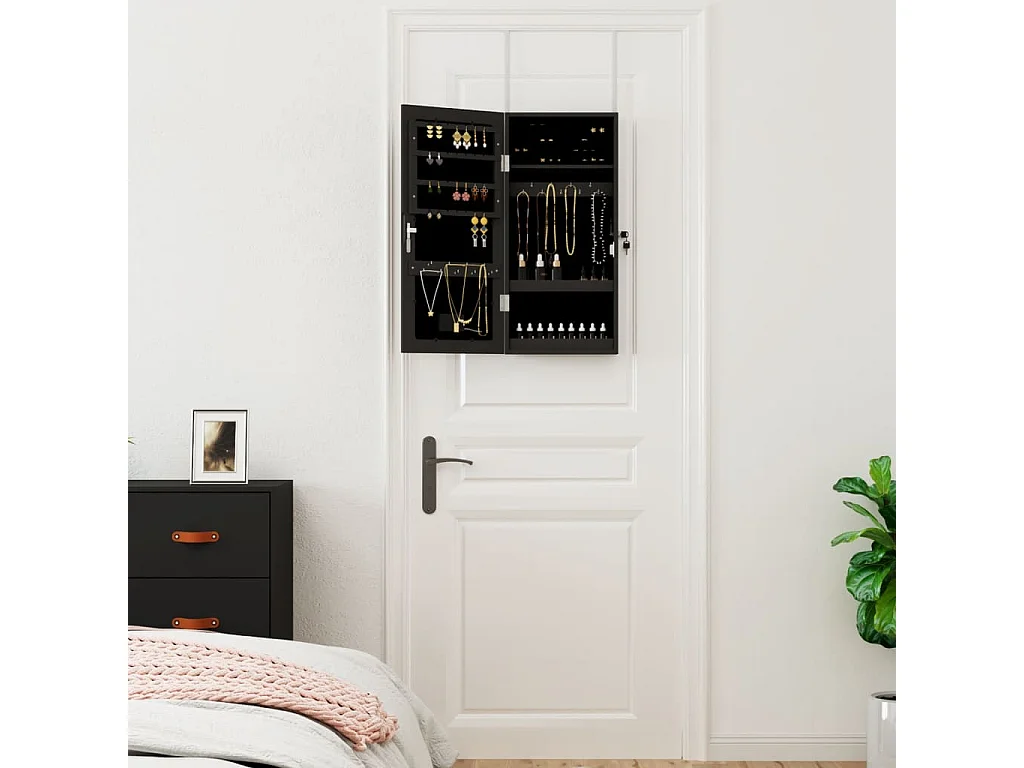 Mueble joyero con espejo e iluminación de pared LED negra