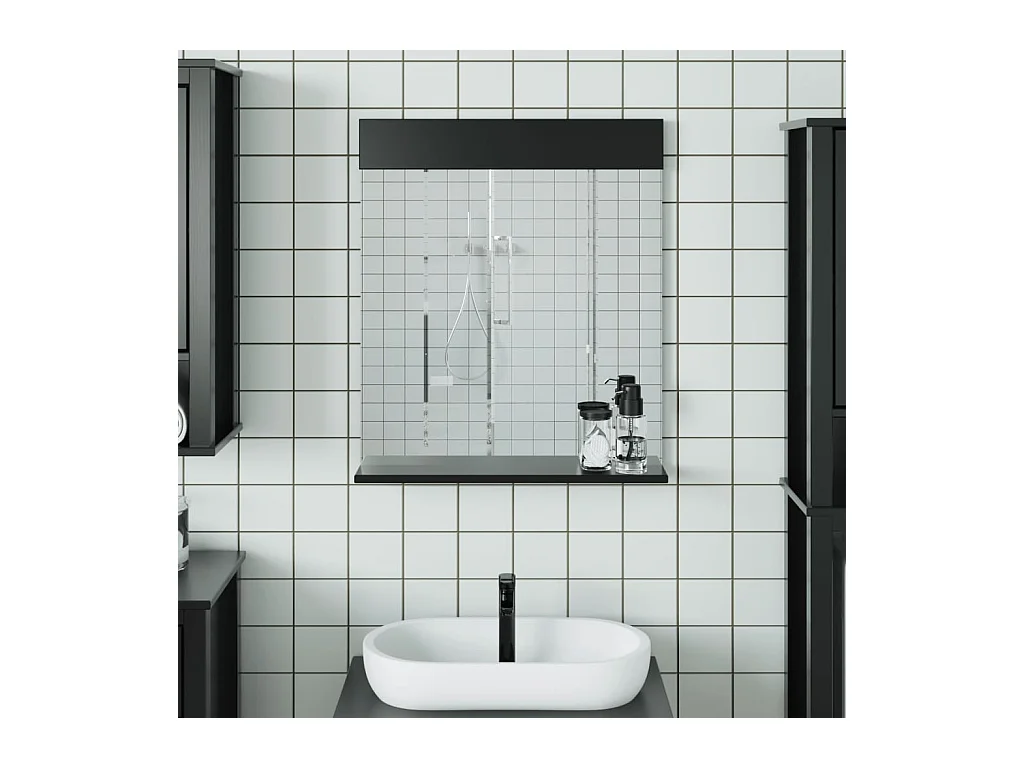 Miroir de salle de bain avec étagère BERG noir bois massif