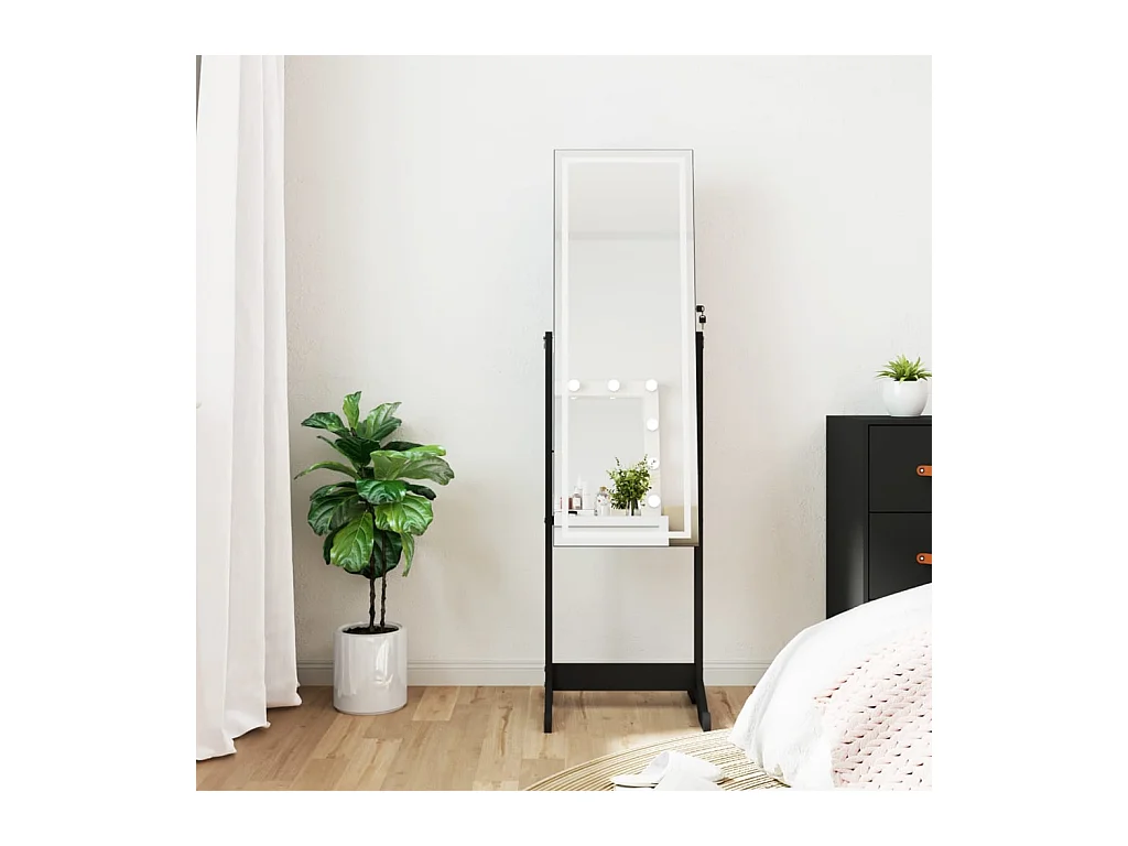 Joyero con espejo y luces LED sobre soporte negro