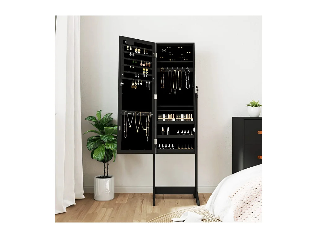 Joyero con espejo y luces LED sobre soporte negro