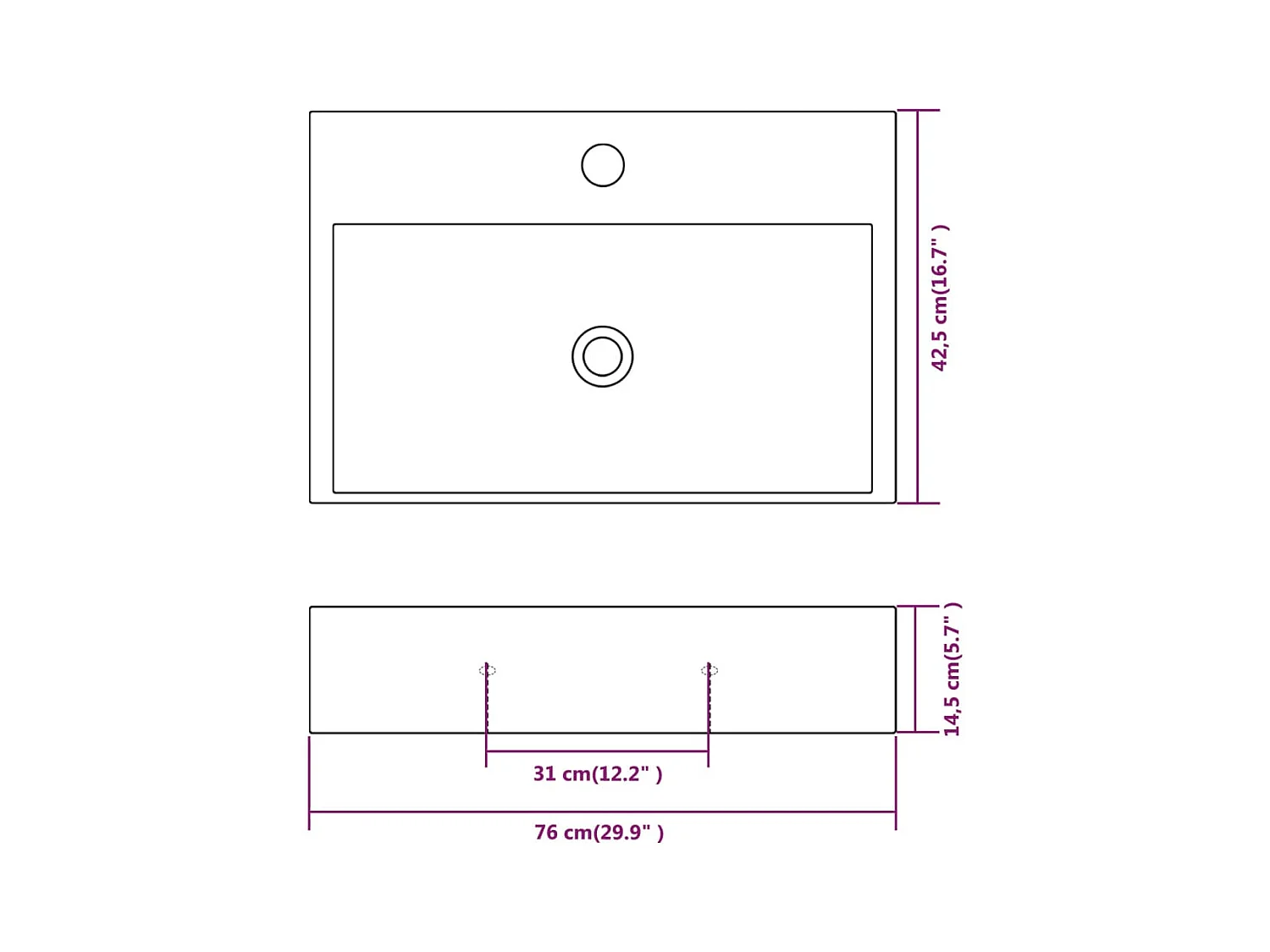 Lavabo in ceramica con foro rubinetto Bianco 76x42,5x14,5 cm
