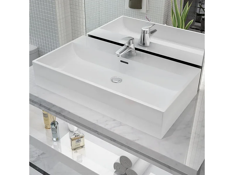 Lavabo in ceramica con foro rubinetto Bianco 76x42,5x14,5 cm