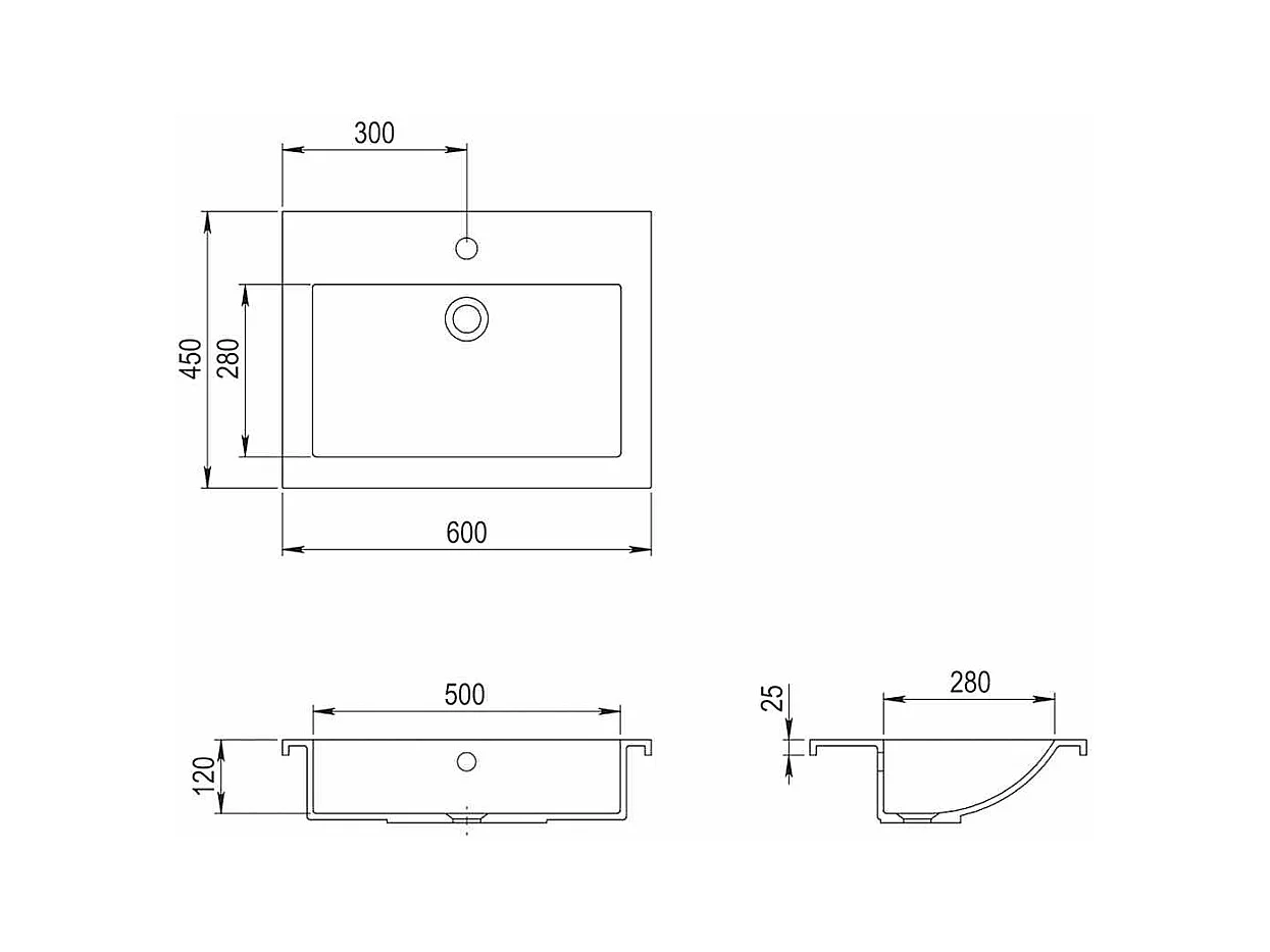 Granieten spoelbak 600 x 450 x 120 mm Zwart