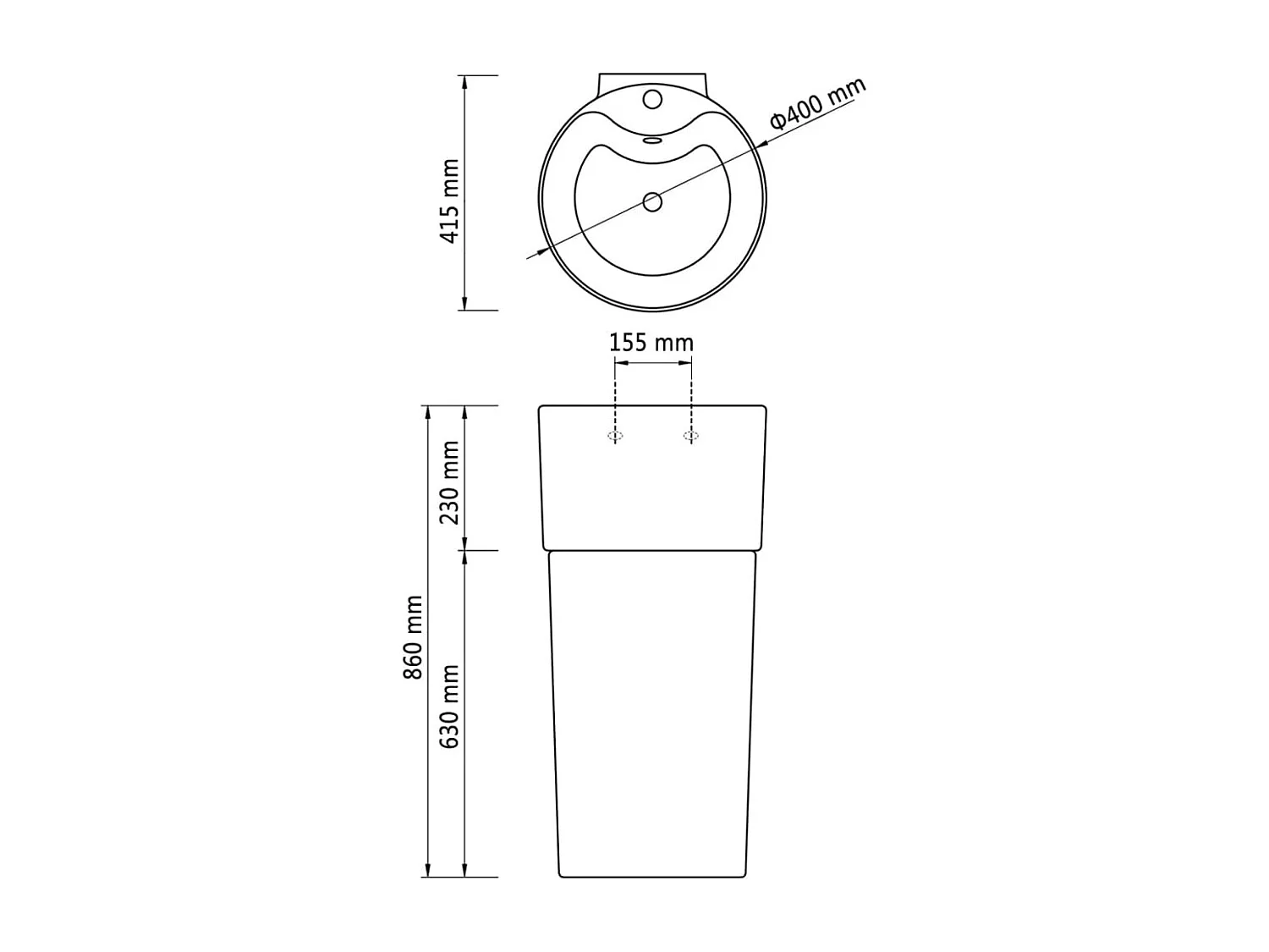 Lavabo de baño de cerámica blanca con orificio para grifo/rebosadero