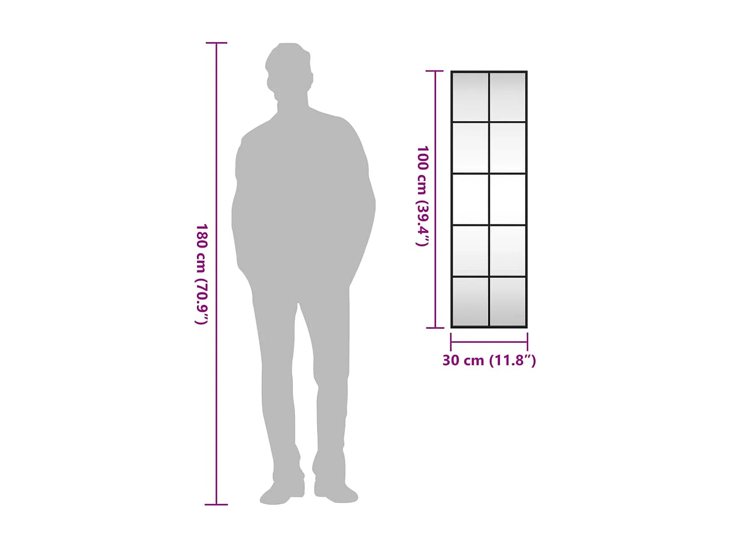 Specchio da parete nero 30x100 cm rettangolare in ferro