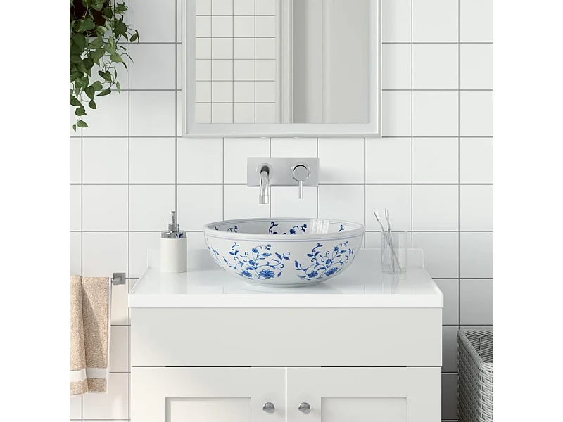 Lavabo da appoggio rotondo bianco e blu Φ41x14 cm in ceramica