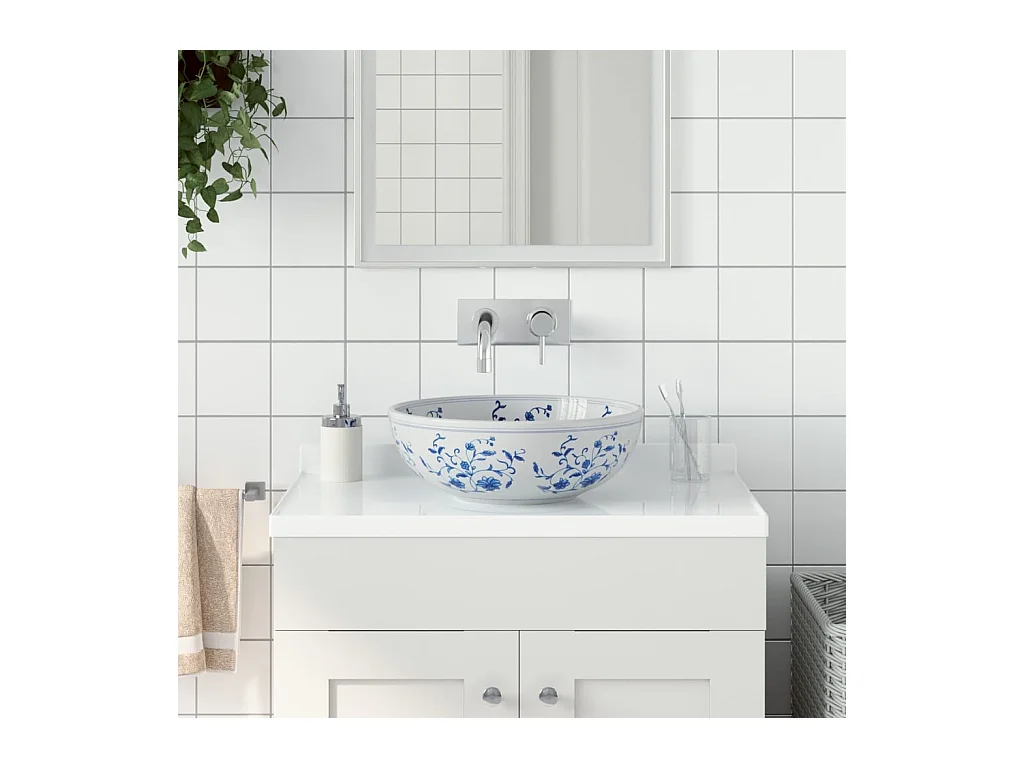 Lavabo sobre encimera redondo blanco y azul Φ41x14 cm de cerámica