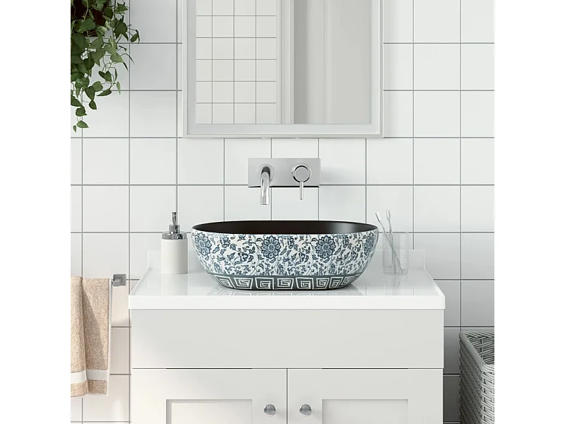 Zwarte en blauwe ovale opzetwastafel 47x33x13 cm keramiek