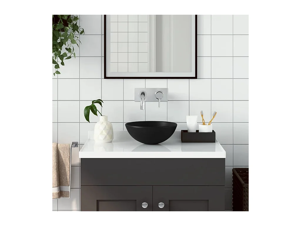 Lavabo de salle de bain Céramique Noir mat Rond