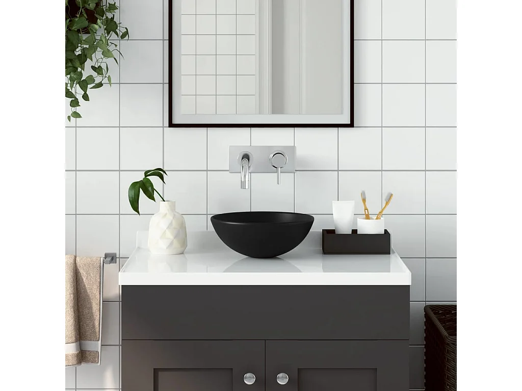 Lavabo de baño redondo de cerámica negra mate