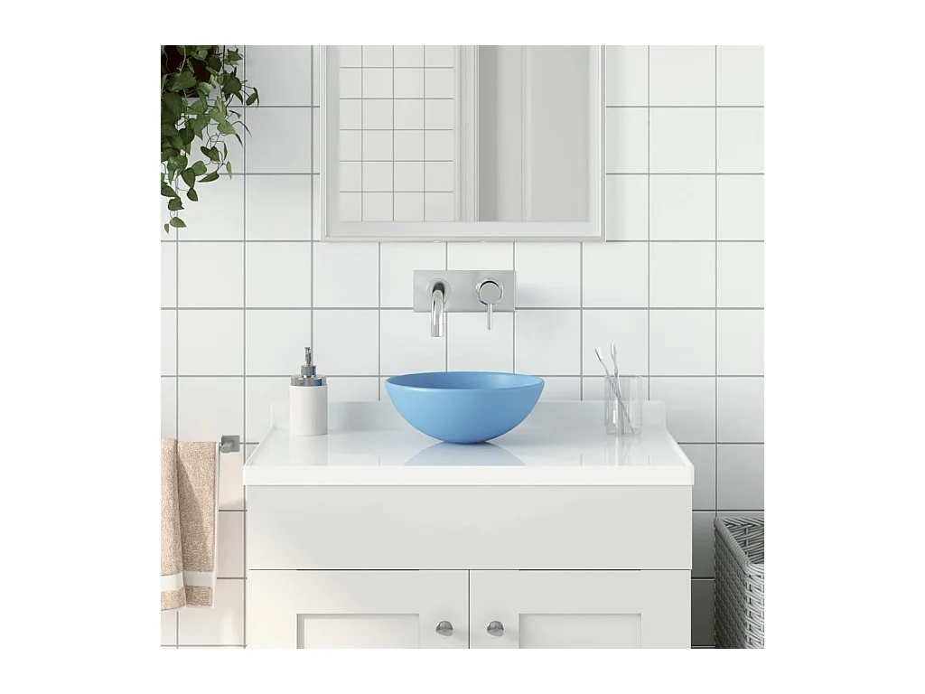 Lavabo de baño redondo de cerámica azul claro