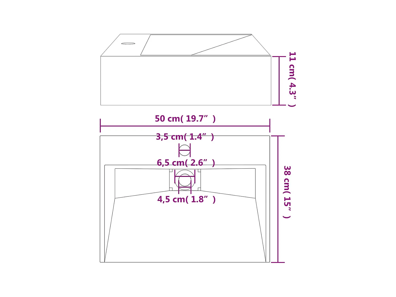 Vasque 50x38x11 cm fonte minérale/marbre noir mat