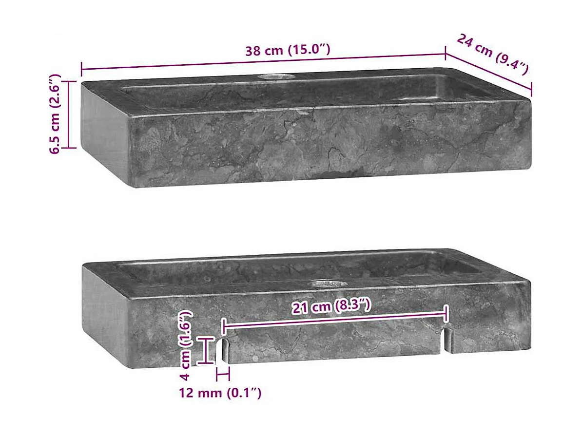 Grijze wandwastafel 38x24x6,5 cm marmer
