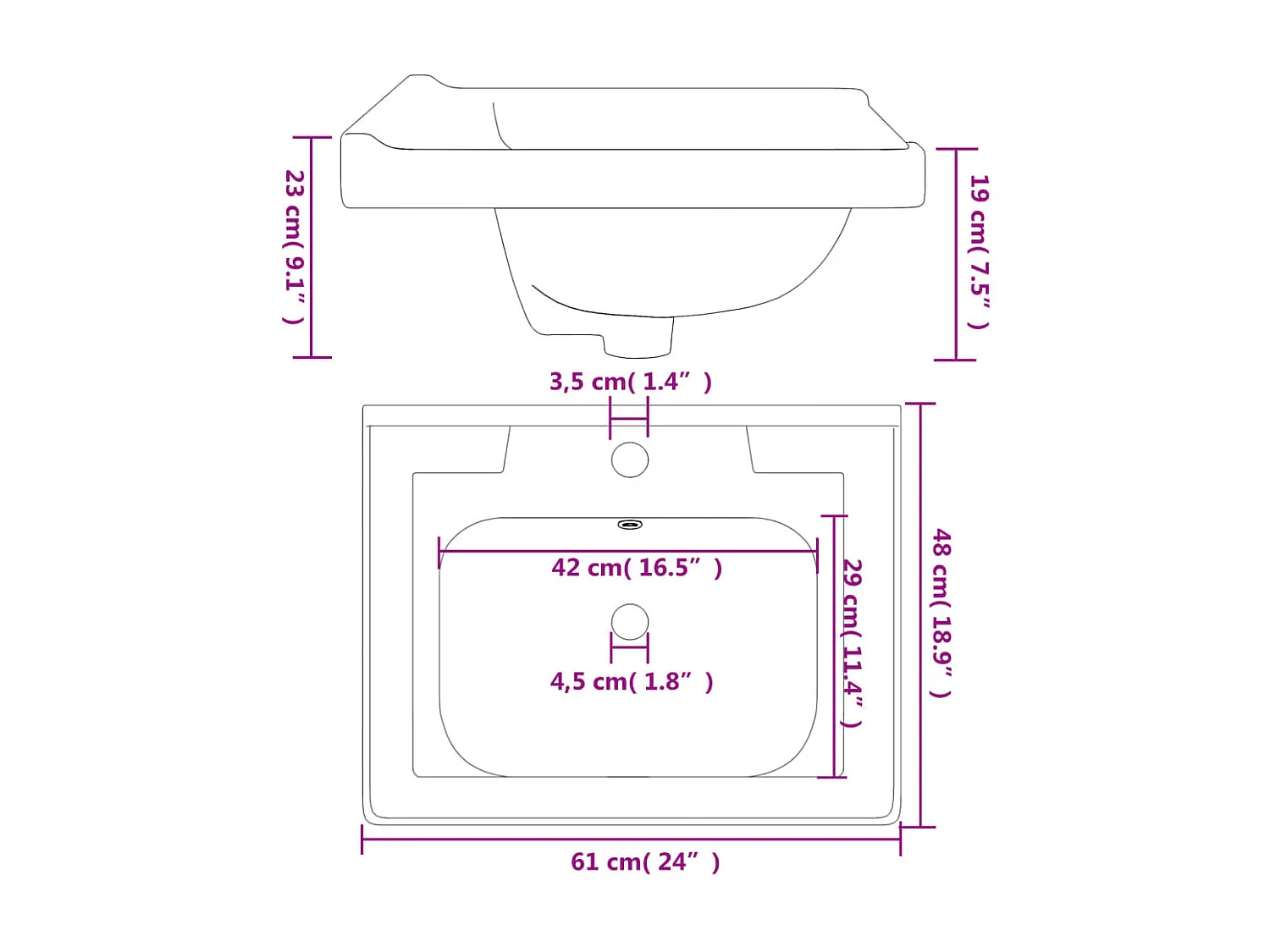 Lavabo de baño blanco 61x48x23cm rectangular de cerámica
