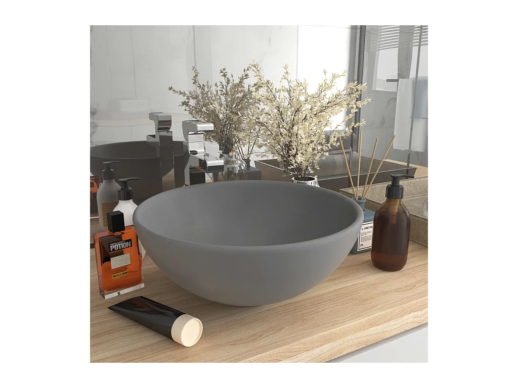 Lavabo de baño redondo de lujo gris claro mate 32,5 x 14 cm de cerámica