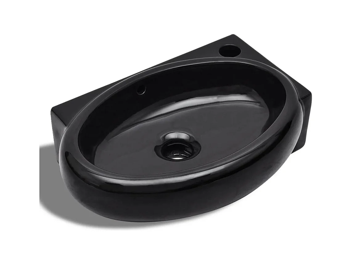 Zwarte keramische wastafel met overloop/kraangat