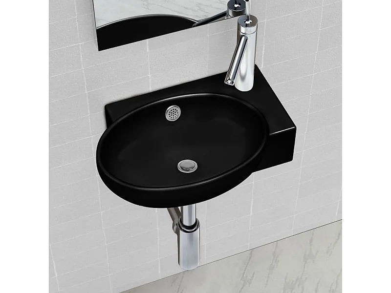Lavabo de baño de cerámica negra con orificio para grifo/rebosadero