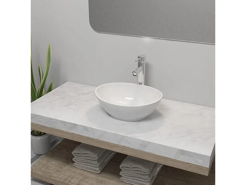 Lavandino da bagno con miscelatore Ceramica Ovale Bianco