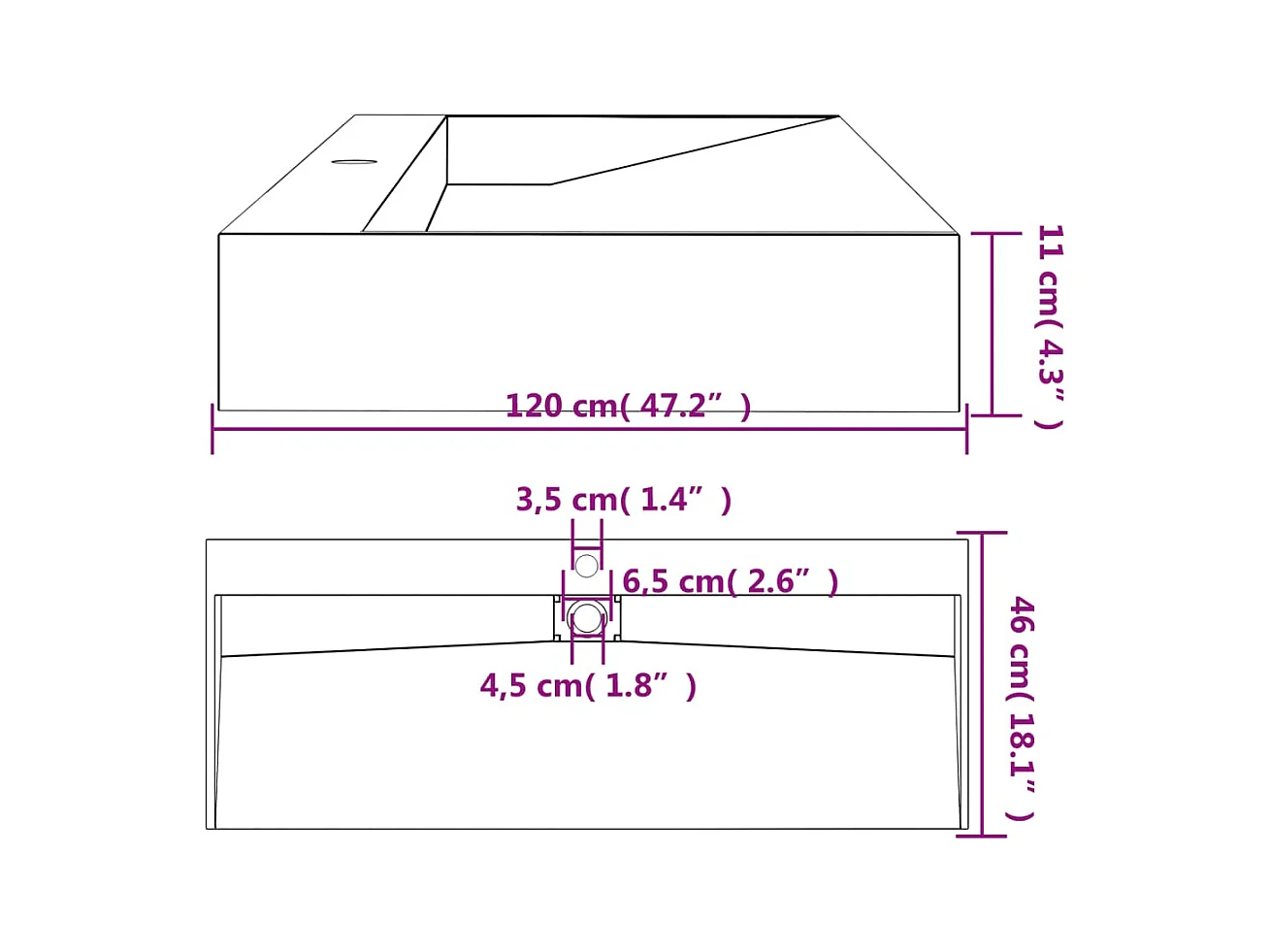 Spoelbak 120x46x11 cm mineraal gegoten/antraciet marmer