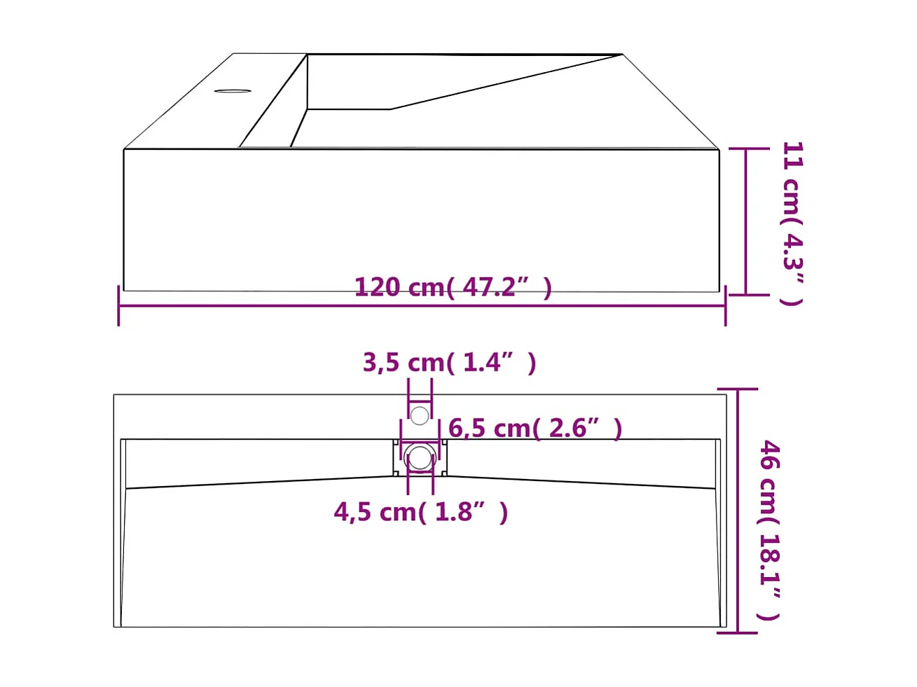 Lavabo 120x46x11 cm mármol mineral fundido/antracita