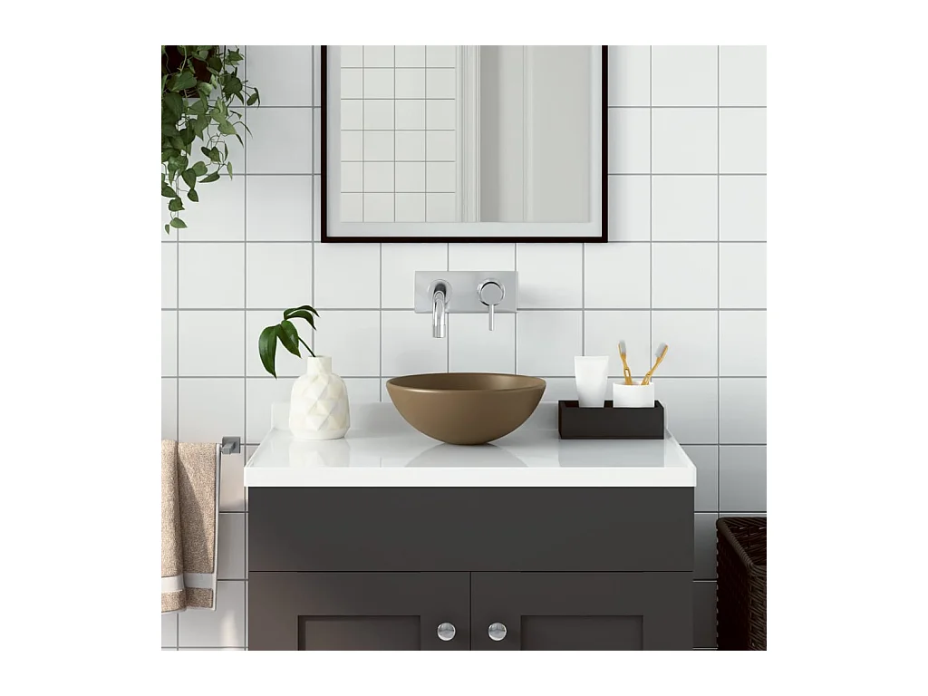 Lavandino da bagno in ceramica crema opaco rotondo