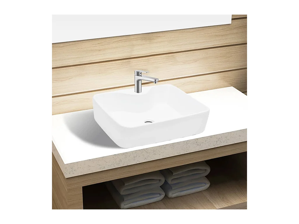 Lavabo de baño cuadrado de cerámica blanca con orificio para grifo