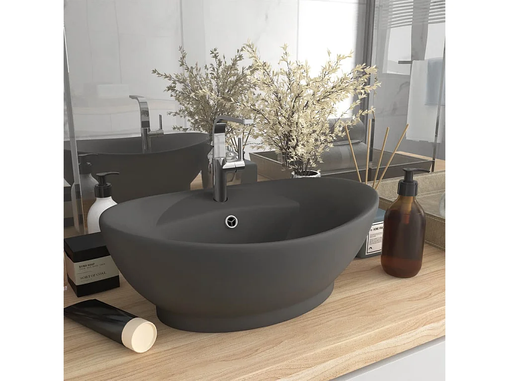Lavabo ovalado con rebosadero Gris oscuro mate 58,5x39 cm Cerámica