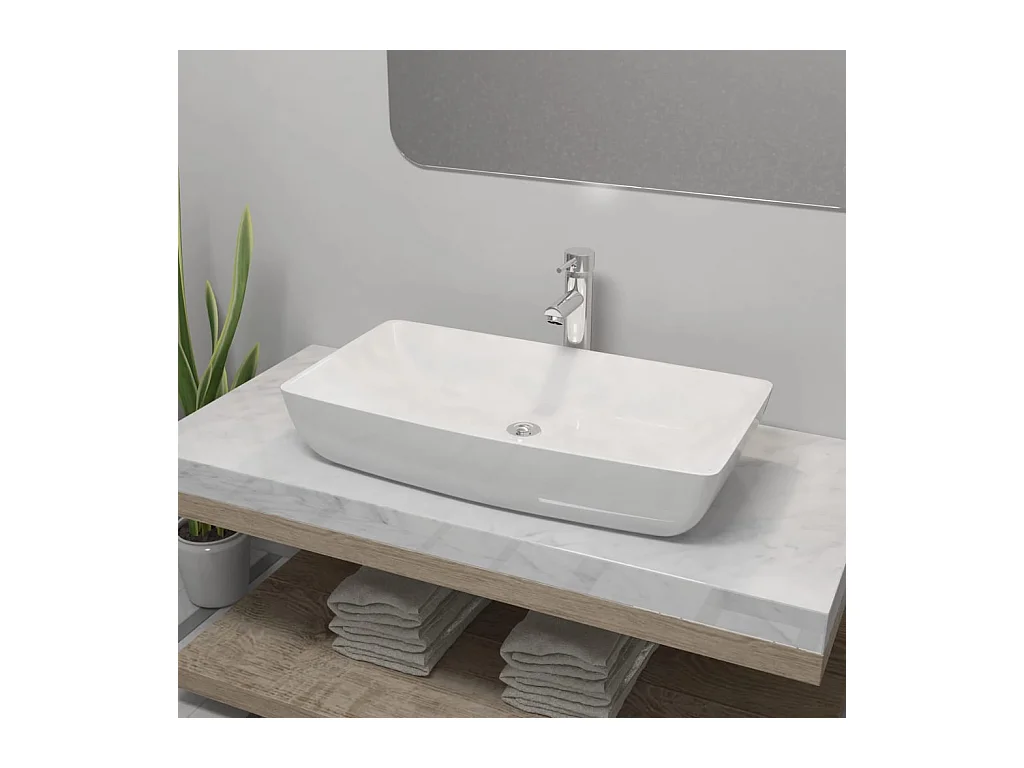 Fregadero rectangular de cerámica blanca y grifo mezclador