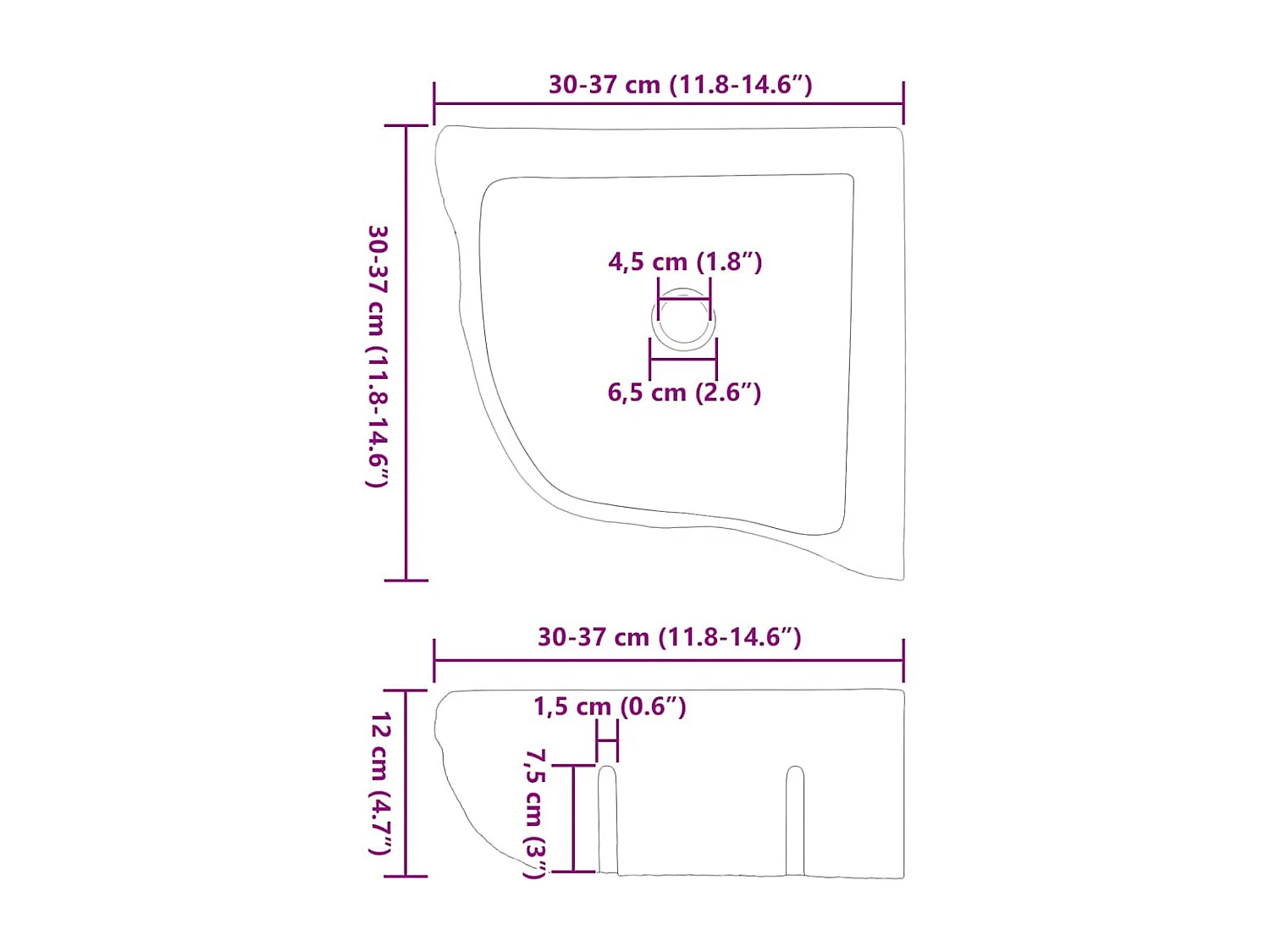 Wandgemonteerde hoekwastafel Grijs (30-37) x (30-37) x 12 cm