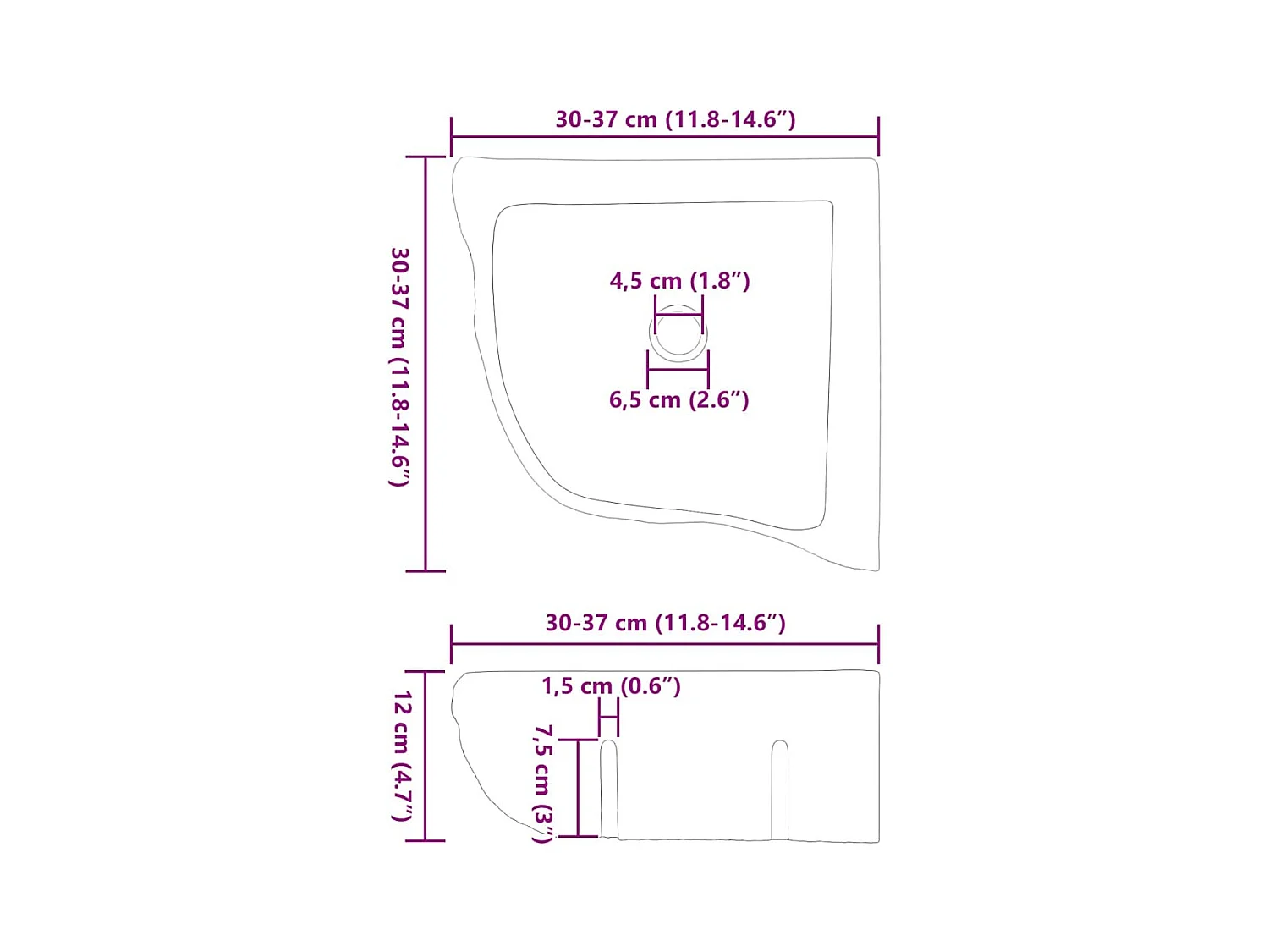 Bassin d'angle suspendu au mur Gris (30-37) x (30-37) x 12 cm